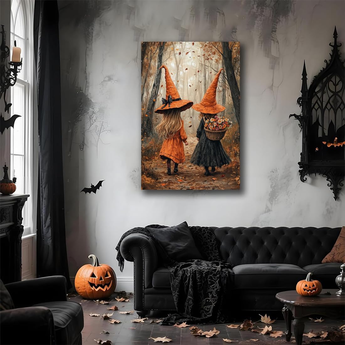 Fall Wall Art Witch Picture Decor,Little Girl Witch Halloween Wall Art, Vintage Autumn Whimsical Woodland Forest Picture, Family Room Nursery Playroom Children Room Decoration,24"x36" Framed