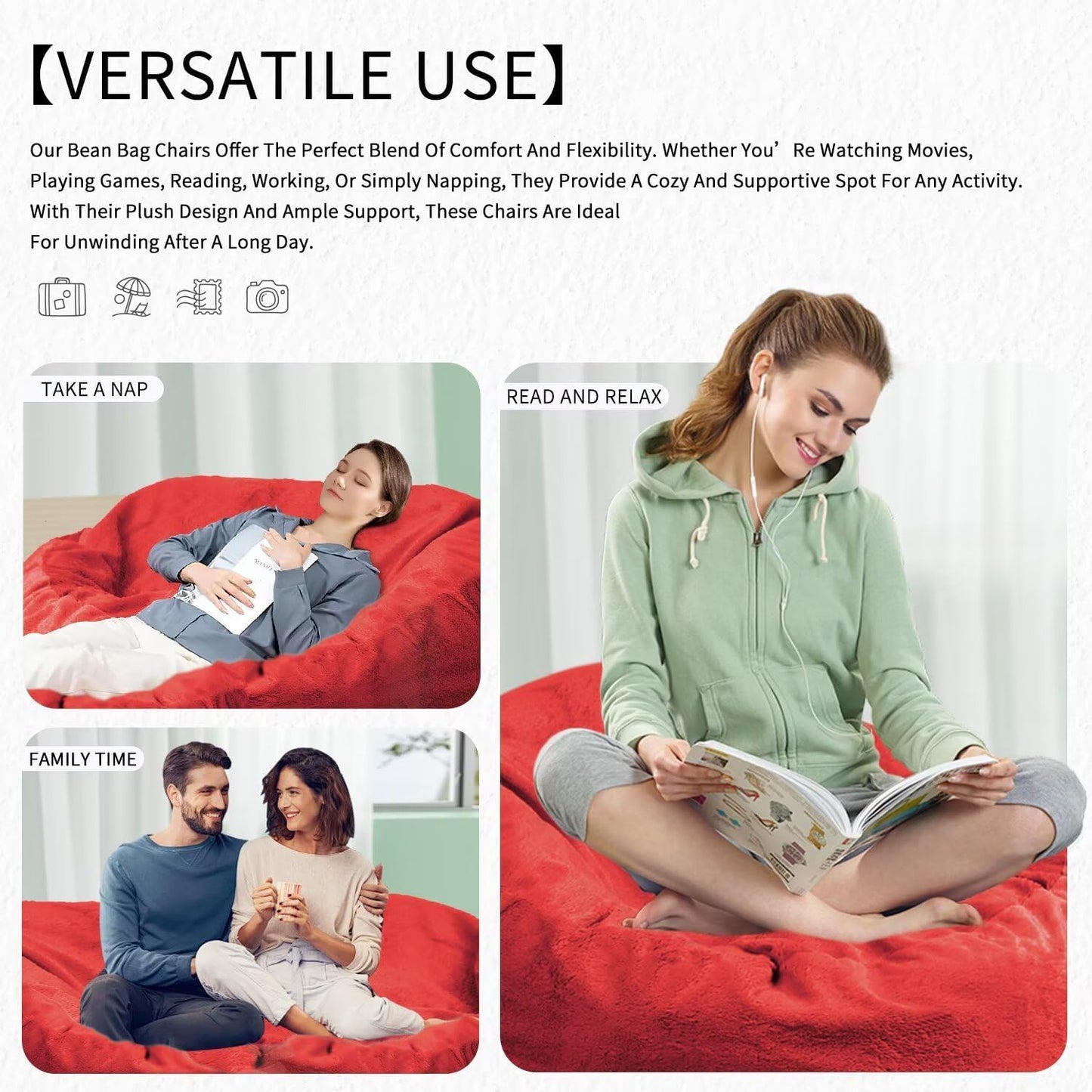 Bean Bag Chair for Adults 3FT,Soft Removable Cover for Teens/Girls Bedroom,Fluffy Giant Round Floor Beanbag Lounger Chairs (No Filler,Big Red)