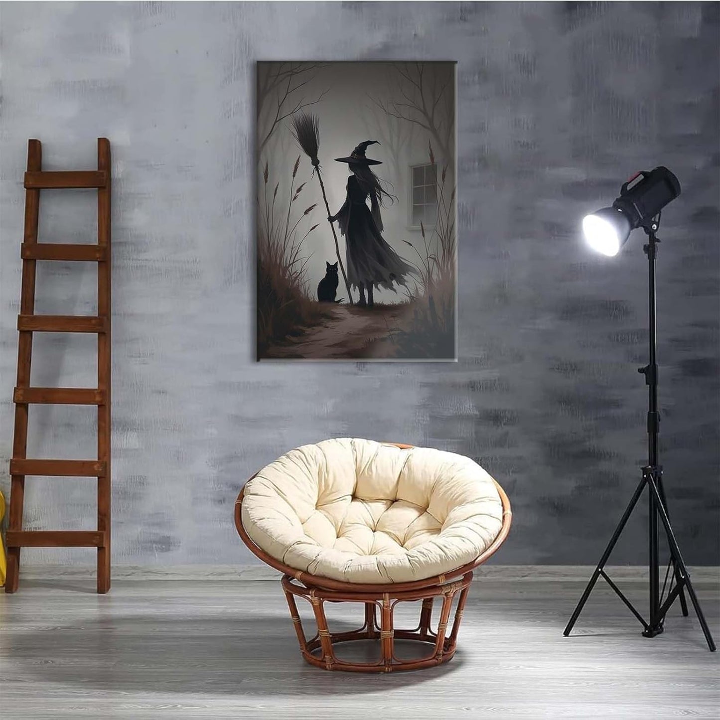 Vintage forest witch and black cat poster Halloween mural poster decoration mural art magic suitable for home living room bedroom24x36in Wood Framed