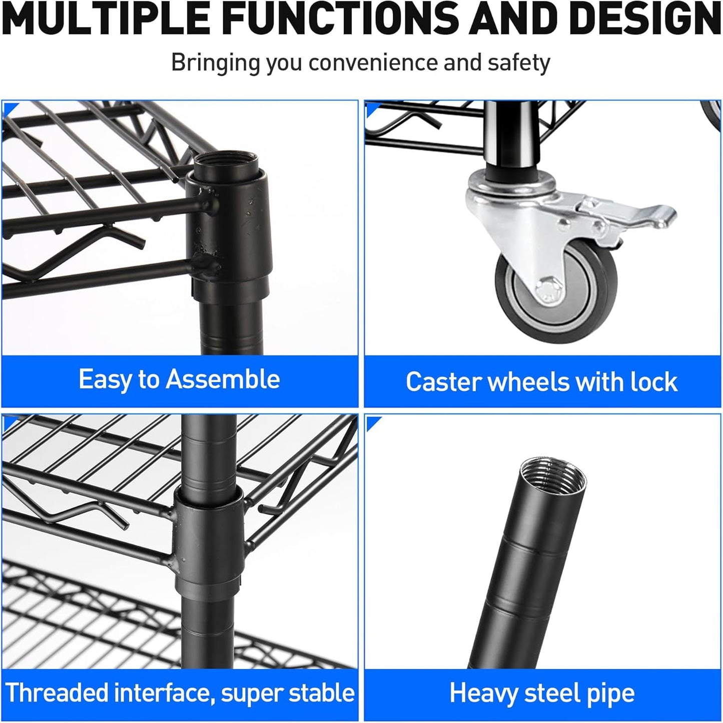 Rengue 4-Tier Wire Shelving with Wheels, 60"x 24"x72" Metal Storage Shelves, Heavy Duty Garage Storage Shelves, Chrome 2400LBS Capacity Wire Shelf Rack for Restaurant, Garage, Pantry, Black