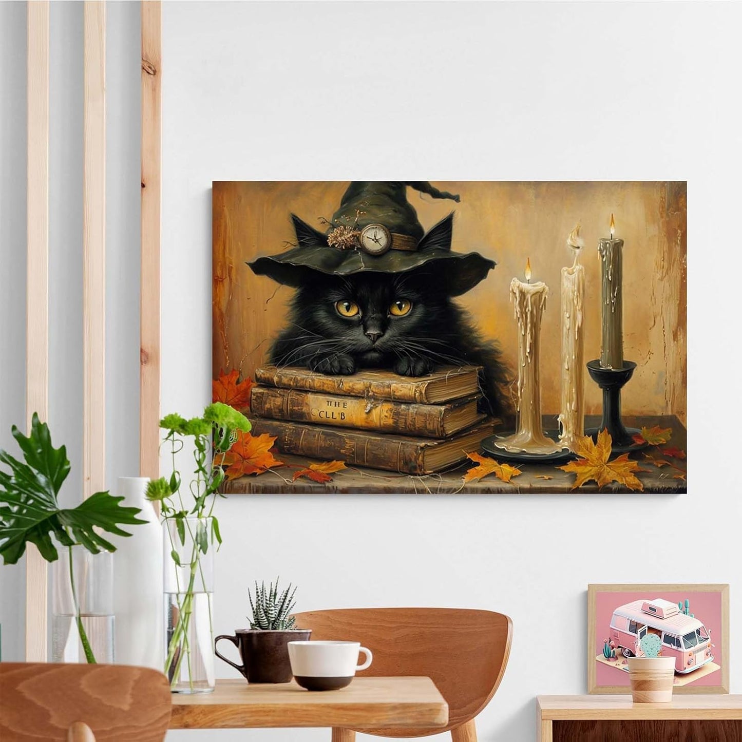 JFHCQJPK Vintage Halloween wall decoration black cat and magic book suitable for home bedroom living room decoration dark classic art witch wall decoration16x24in Frameless