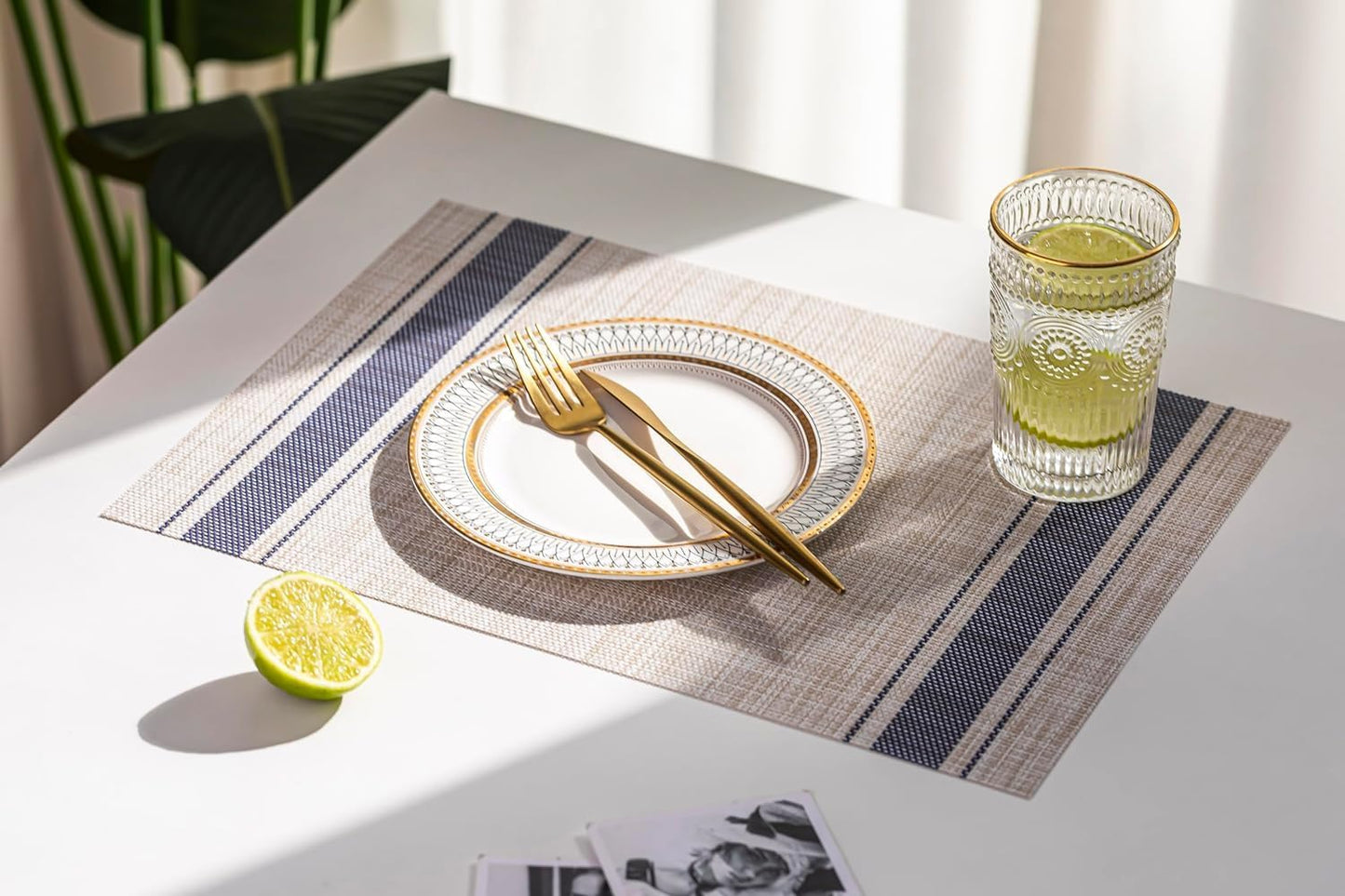 LEXMORE PlaceMats Set of 12 Vinyl/Plastic Woven Place Mats for Kitchen Table Indoor/Outdoor Washable PlaceMat Wipeable Dining Table Mats(Blue Skyline)