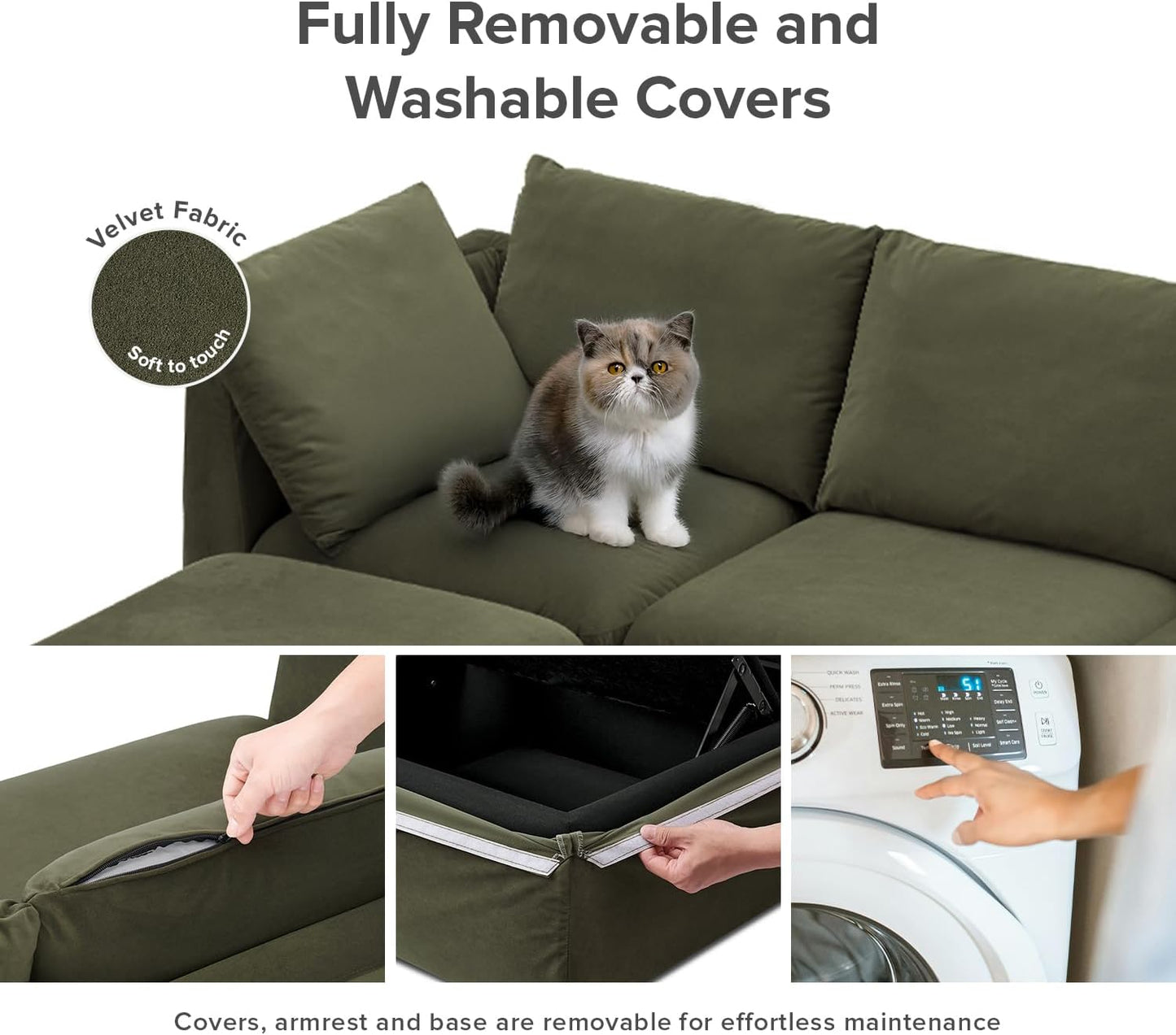 mopio Oversized Modular Sectional Sofa with Fully Removable Covers and Storage, Convertible U, L-Shaped and Sleeper Sectional, Modern Couches with Ottoman Chaise (Olive Green Velvet, 6 Seats, L)