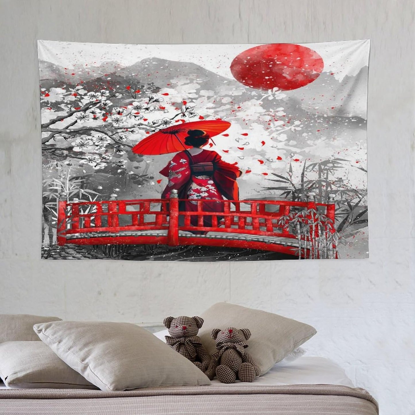 Japanese Red Geisha Tapestry Asian Cherry Blossom Red Sun Traditional Kimono Folk Tapestries Home Decor for Living Room Bedroom Apartment Farmhouse Dorm 60"x40"