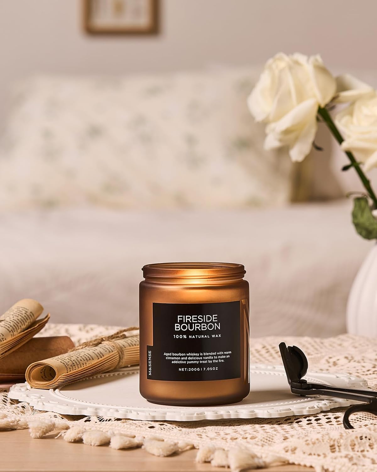 M&SENSE Fireside Bourbon Clean Non-Toxic Soy Wax Campfire Smoky Candle, Cotton Fall Scented Candle for Home Decor, 7.05oz Up to 50 Hours Burn Time Aromatherapy Gift for Bathroom