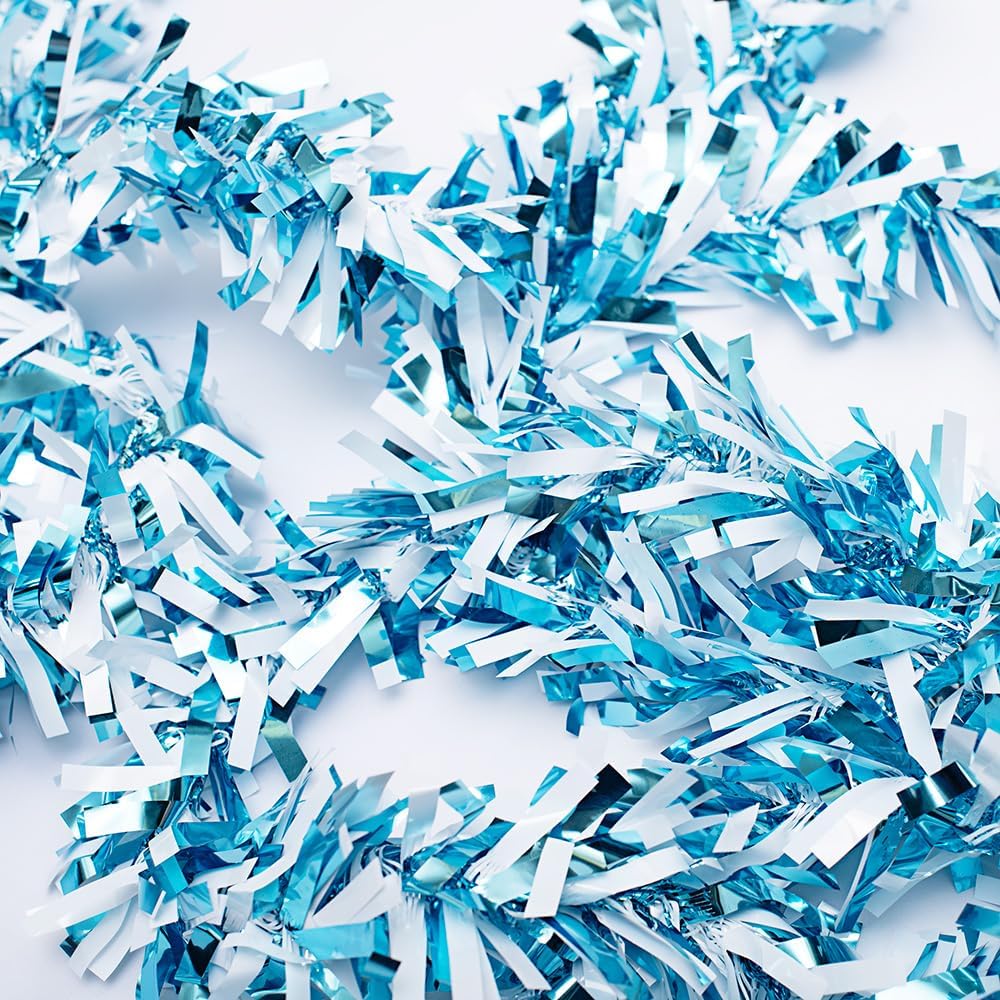 Anderson's Light Blue & White Sparkle Glitter Metallic Tinsel Twist for Trailer Or Golf Cart, 4 inches Wide x 25 ft Long, Christmas, Patriotic and Holiday Garland Decor for Parties and Parades