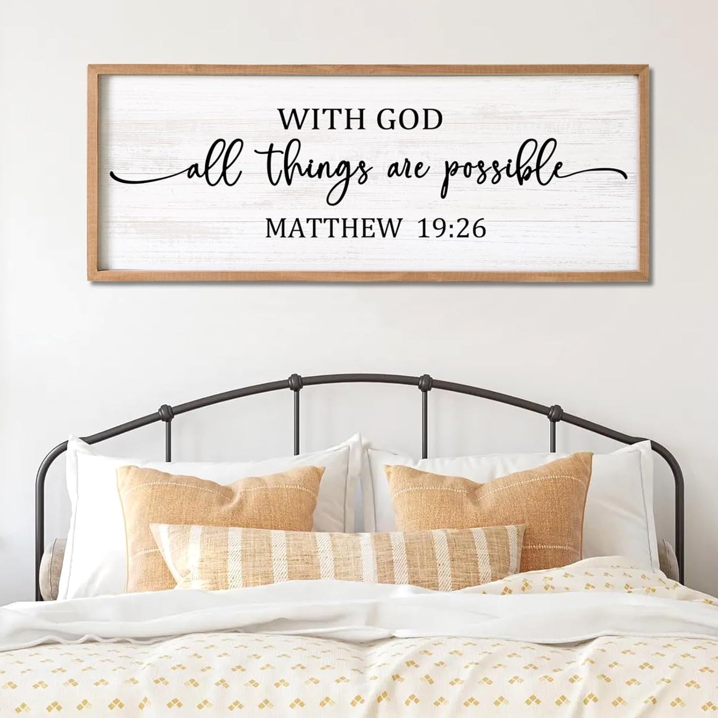With God All Things are Possible Framed Wall Art, 40''×15'' Positive Religious Rustic Bible Verse for Christian God Jesus Christ Prayer, Vintage Horizontal Holy Inspirational Catholic Scripture Decor
