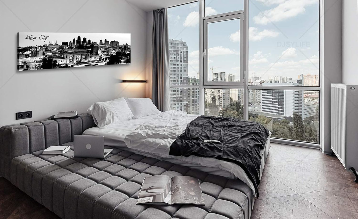 Pictures for Bedroom Black and White Wall Art Kansas City Panoramic Cityscape Skyline Canvas Art Prints for Living Room Office Home Decor Framed and Ready to Hang 13.8"x47.3"