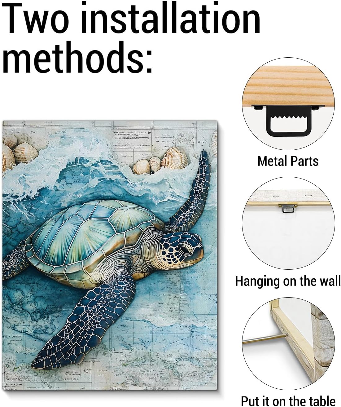 Coastal Sea Turtle Canvas Wall Art Turtle Nautical Ocean Theme Print Poster Framed Picture Painting for Home Beach House Bedroom Wall Decor 8x10 Inch