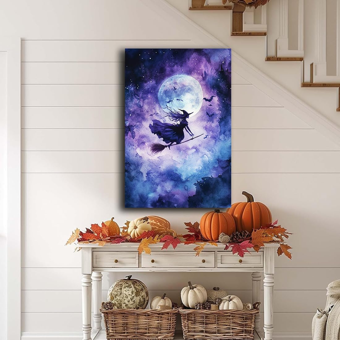 Witch On Broom Flying Wall Art,Gothic Halloween Canvas Wall Art,Victorian Witch Silhouette In Moonlight Broomstick Poster Pictures,Creepy Halloween Purple Night Sky Print,24"x36" Framed
