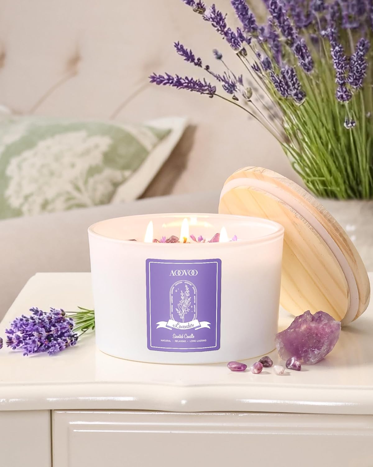 AOOVOO Lavender Scented Candles for Women - 20oz 3 Wick Soy Candles for Home Scented, Aromatherapy Candle with Crystals Inside, Birthday Gifts Mothers Day Candle for Women Mom
