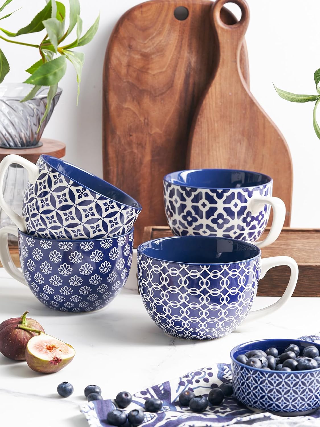 DOWAN Coffee Mugs Set of 4, 24 oz Large Coffee Mugs, Jumbo Soup Mugs With Handles, Ceramic Coffee Cups for Coffee Cereal Latte for Men Women, Housewarming Wedding Gift, Vintage Blue