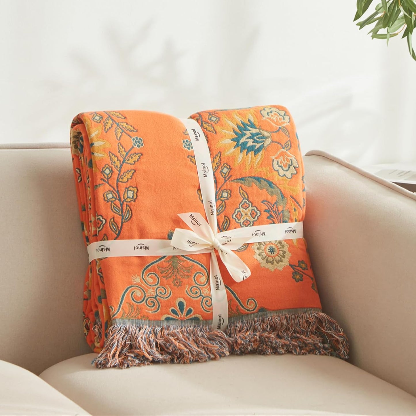 Colorful Throw Blanket 80"x90" Pure Cotton Luxury Throw Rustic Quilt Floral Pattern Home Decor Orange Blanket Lightweight Picnic Blanket(80"x90",04-Garland)