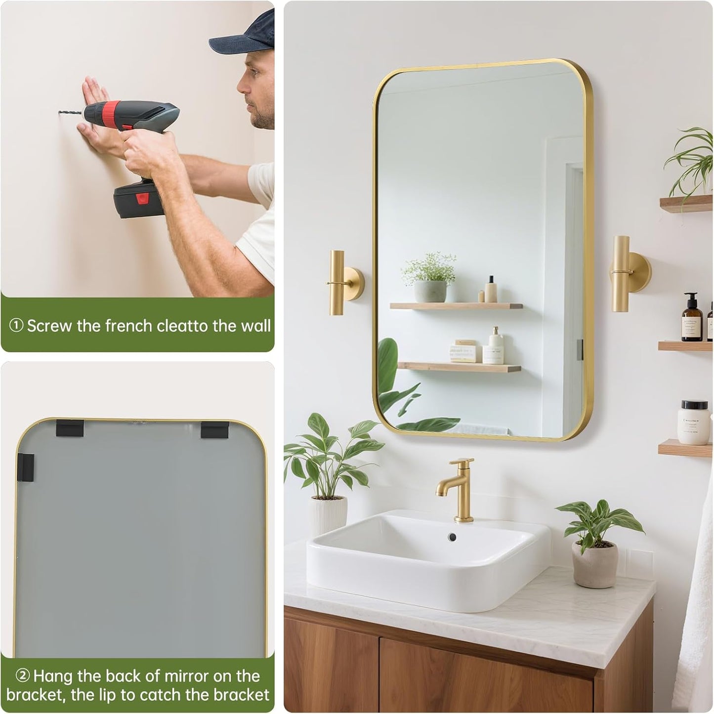 FARMER 24x32 Inch Gold Bathroom Mirror, Rectangle Vanity Mirror, Brushed Mirrors for Wall, Metal Frame Hanging Mirror with Round Corner for Bedrooms, Entryways, Living Rooms, Horizontal/Vertical