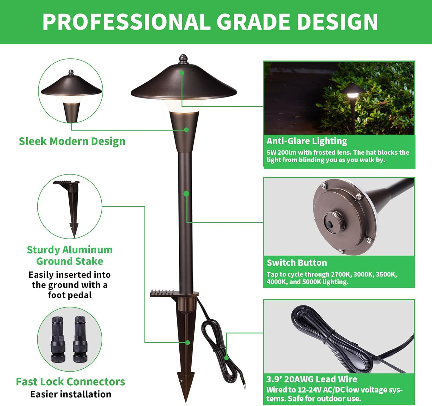 Pathway Landscaping Lighting, Low Voltage 5cct Modes Garden Path Light LED 12V, Outdoor Waterproof Sidewalk Lights, 5W 200LM Oil Rubbed Bronze Aluminum for Outside Walkways Yard (12 Pack)