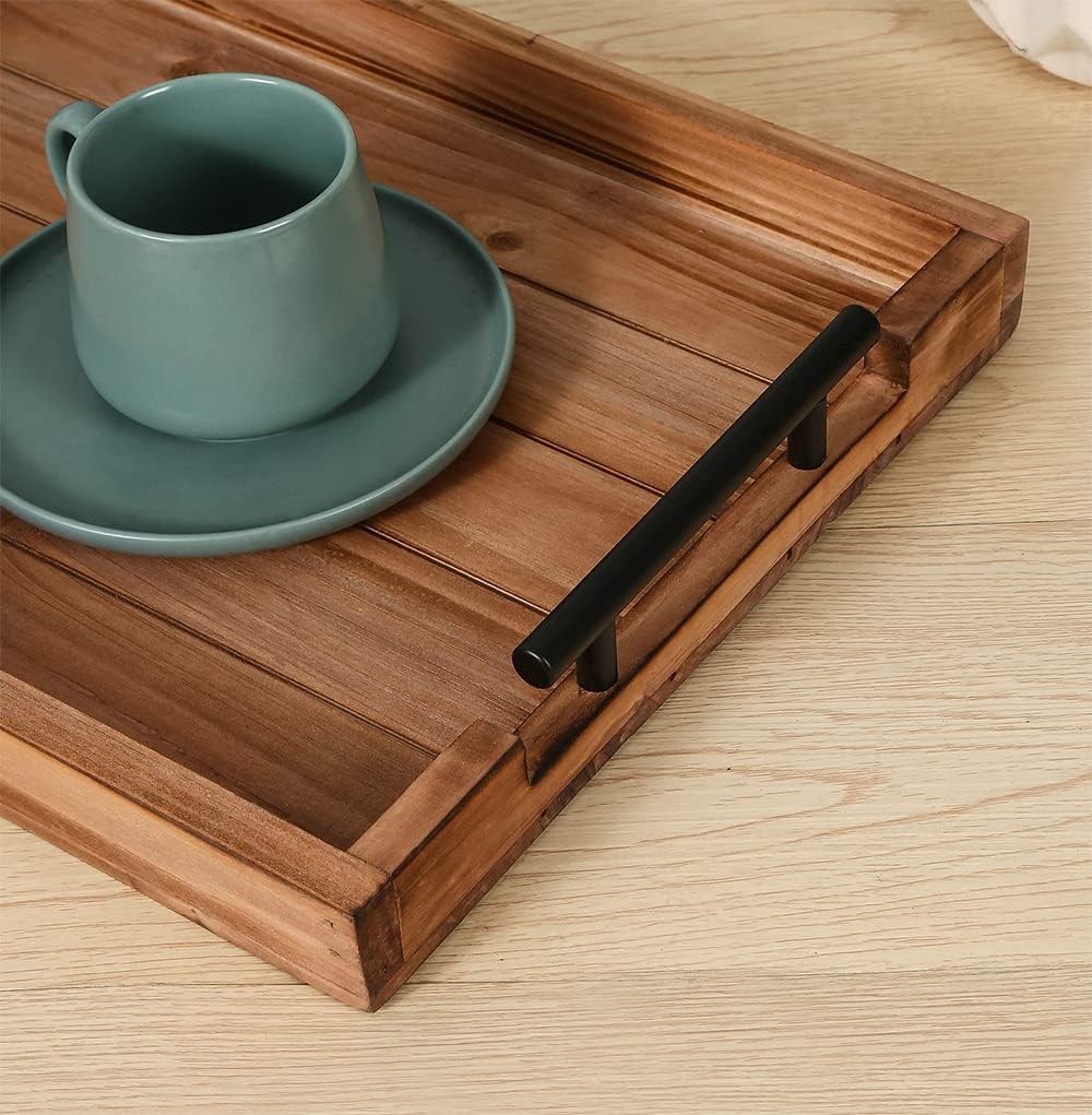 Set of 2 Decorative Nested Wood Vintage Serving Tray with Black Stainless Steel Handles for Eating, Breakfast in Bed,Kitchen,Ottoman Trays, Coffee Table Trays Farmhouse Tray