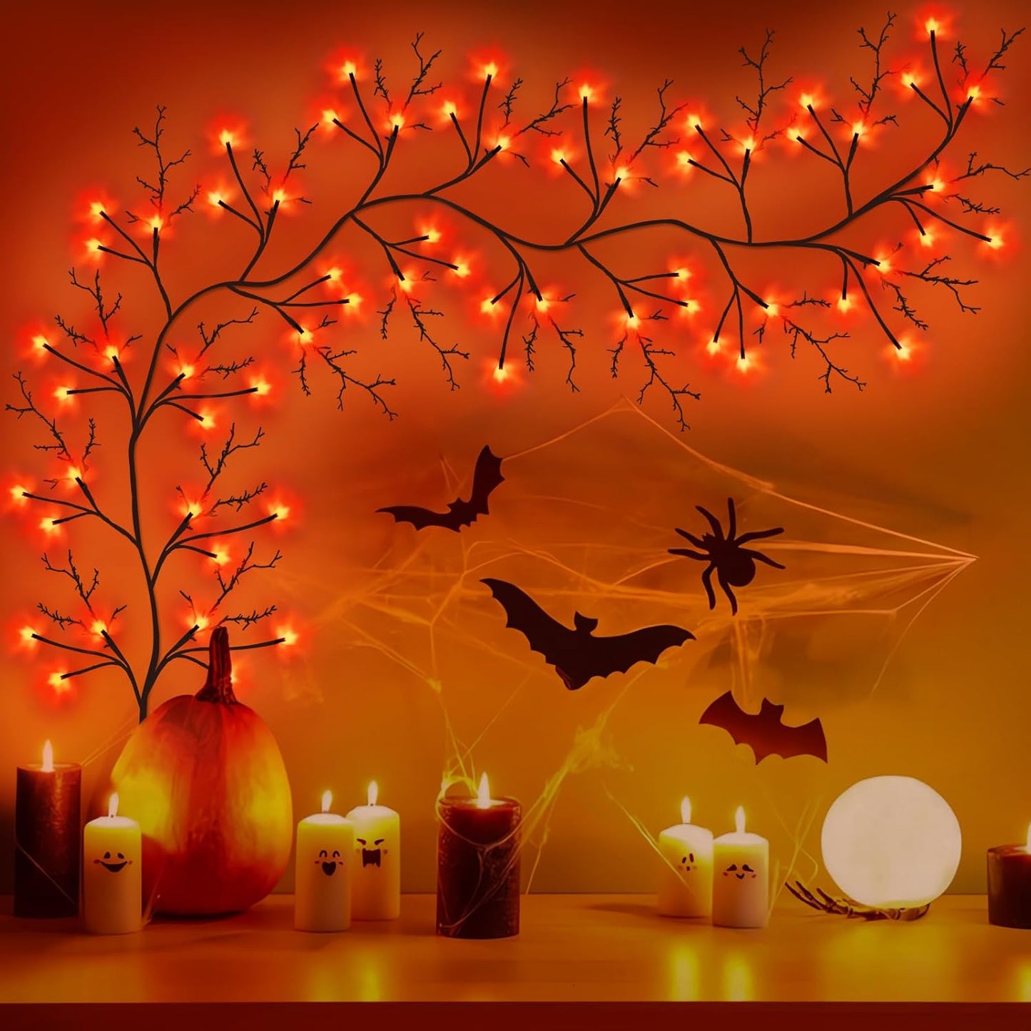 7 Ft Halloween Decorations Willow Vine Twig Garland with 8 Modes Timer 63 LED Orange Lights, Halloween Garland with Waterproof Battery Operated for Wall Fireplace Decorations Indoor Outdoor