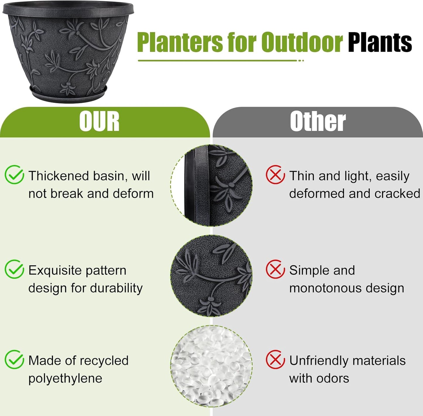 4 Pack 8 Inch Flower Pots for Outdoor Indoor, Plastic Plant Pots with Drainage Hole & Saucer, Lightweight Small Resin Flower Pot, Imitation Magnolia Pots for Garden House planters(Gray)