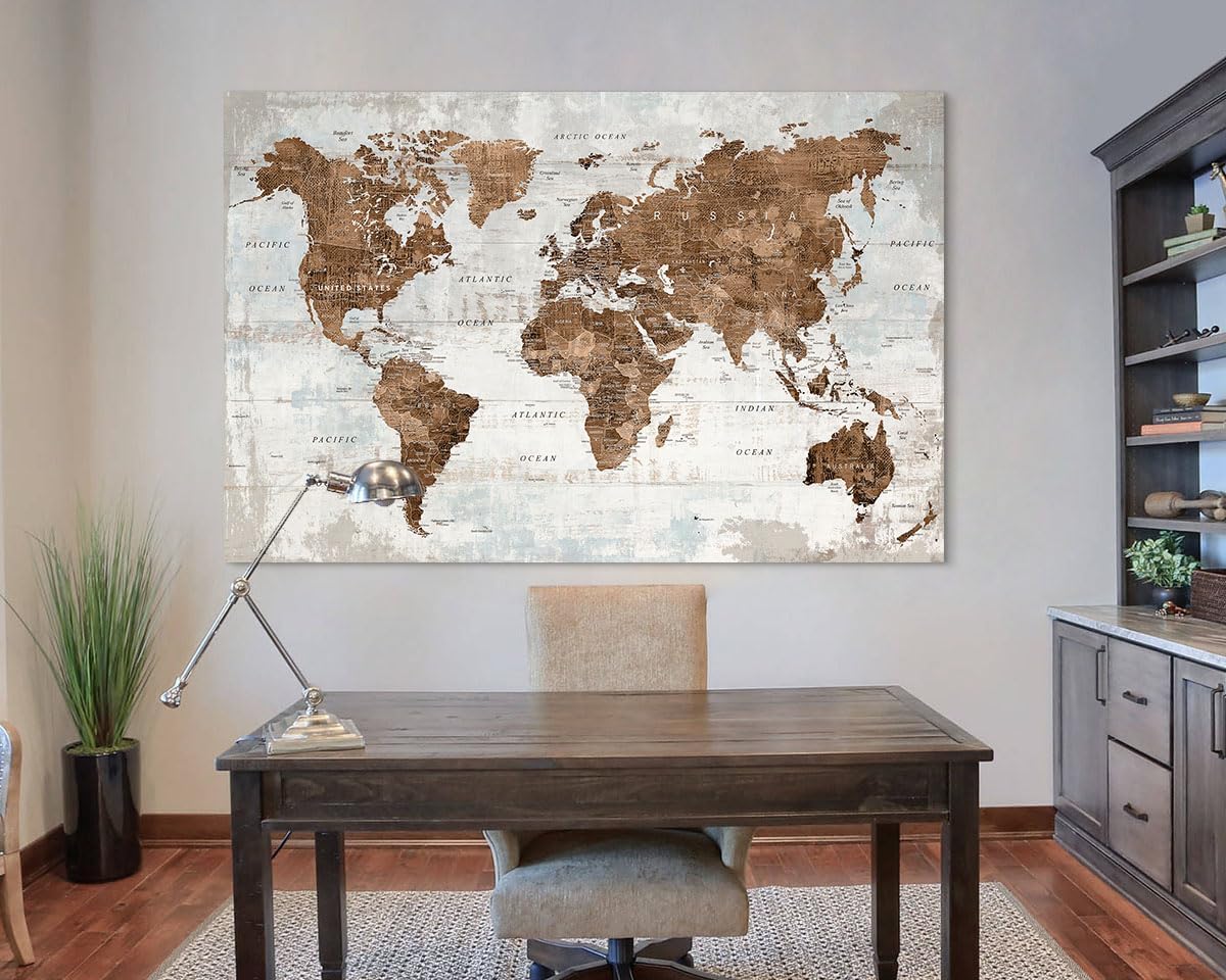 Pictures for Living Room Wall Decoration Canvas Large Wall Art Mens Office Brwon Travel Map Decor Tan Artwork