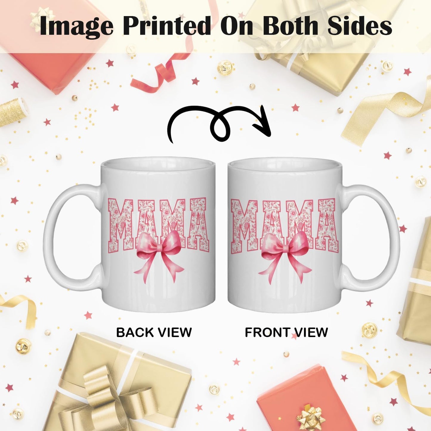 JINYO Coquette Pink Bow Floral Mama Mug, Mama Coffee Cup, Mother's Day Mugs Cups for Mom, Mom Birthday Gifts from Daughter Son, Ceramic Coffee Tea Mug 11 oz