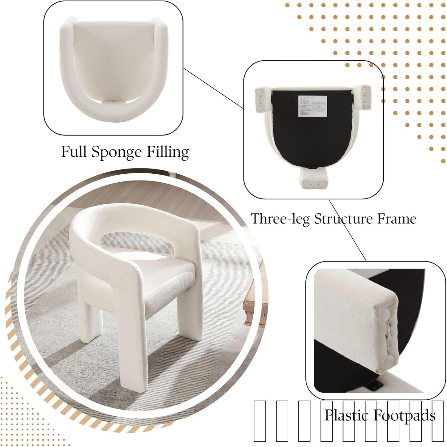 White Chenille Dining Chairs Set of 6, Modern Barrel Dining Room Chairs Upholstered Accent Chair with Arms and Round Back for Living Room Kitchen Armchair No Assembly Needed