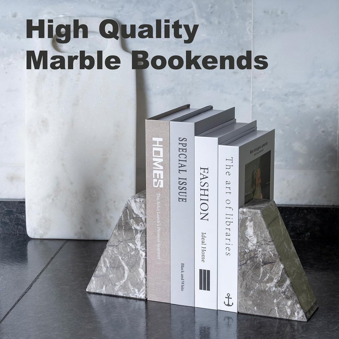 Marble Bookends for Heavy Books, Decorative Bookends for Shelves, Durable and Heavy-Duty Book End for Hardback Book & CDS, Unique Book Stopper & Holder, Gris Lido, Set of 2