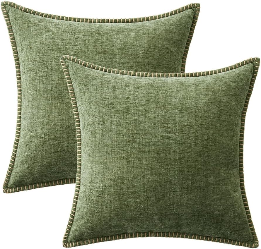 MIULEE Pack of 2 Couch Throw Pillow Covers 20x20 Inch Sage Green Farmhouse Decorative Pillow Covers with Stitched Edge Soft Chenille Solid Dyed Spring Pillow Covers for Sofa Bed Living Room