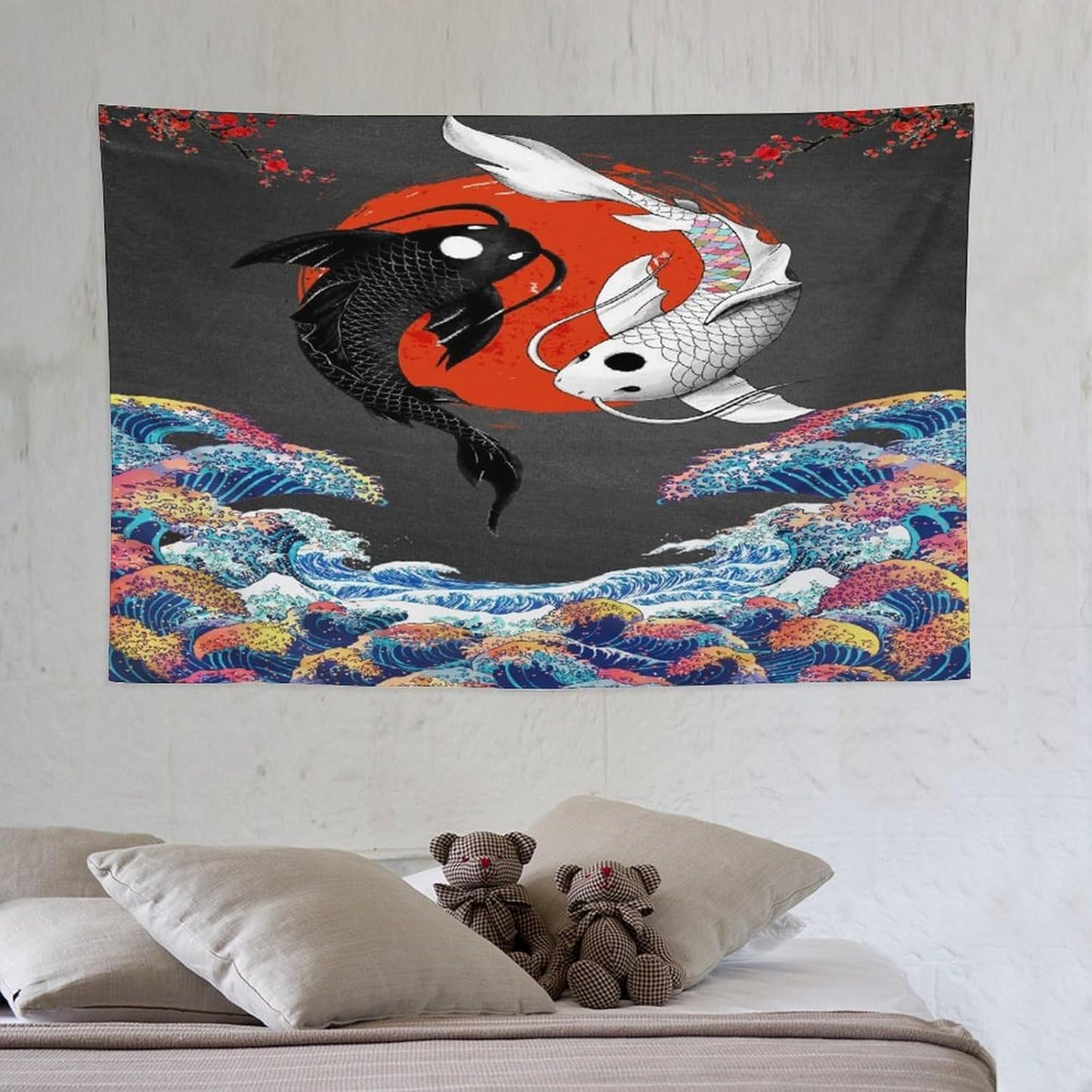Houselerax Japanese Koi Fish Tapestries, Yin Yang Big Wave Cherry Blossom Tapestry Wall Hanging for Bedroom Living Room Office Decor 60"x40"