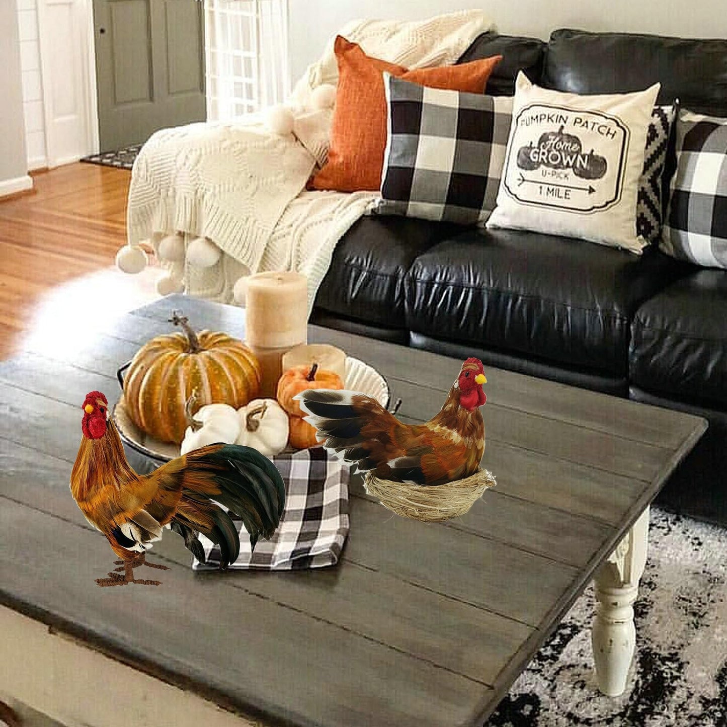 naturevibe 8.8 Inches Feathered Rooster Decor and Hen,Realistic Farm Animals Figurine with Real Feathers as Fall Decorations,Autumn Chicken Decor for Fall Centerpiece or Harvest Festival Display