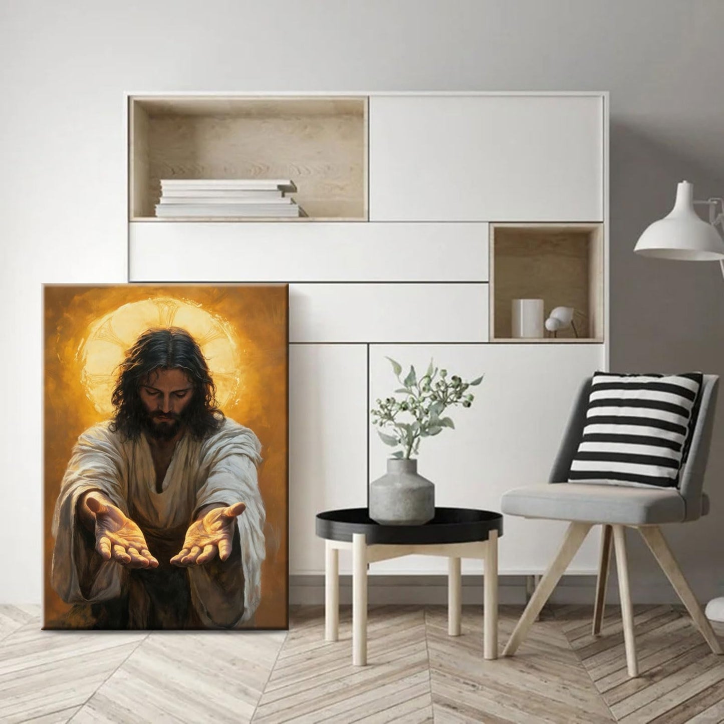 Framed Jesus Canvas Wall Art Painting with Gold Halo Christian Religious Poster Inspirational Christian Gallery Decor Painting Home Church Prayer Room Wall Hanging Print 12x16 Inch Ready to Hang