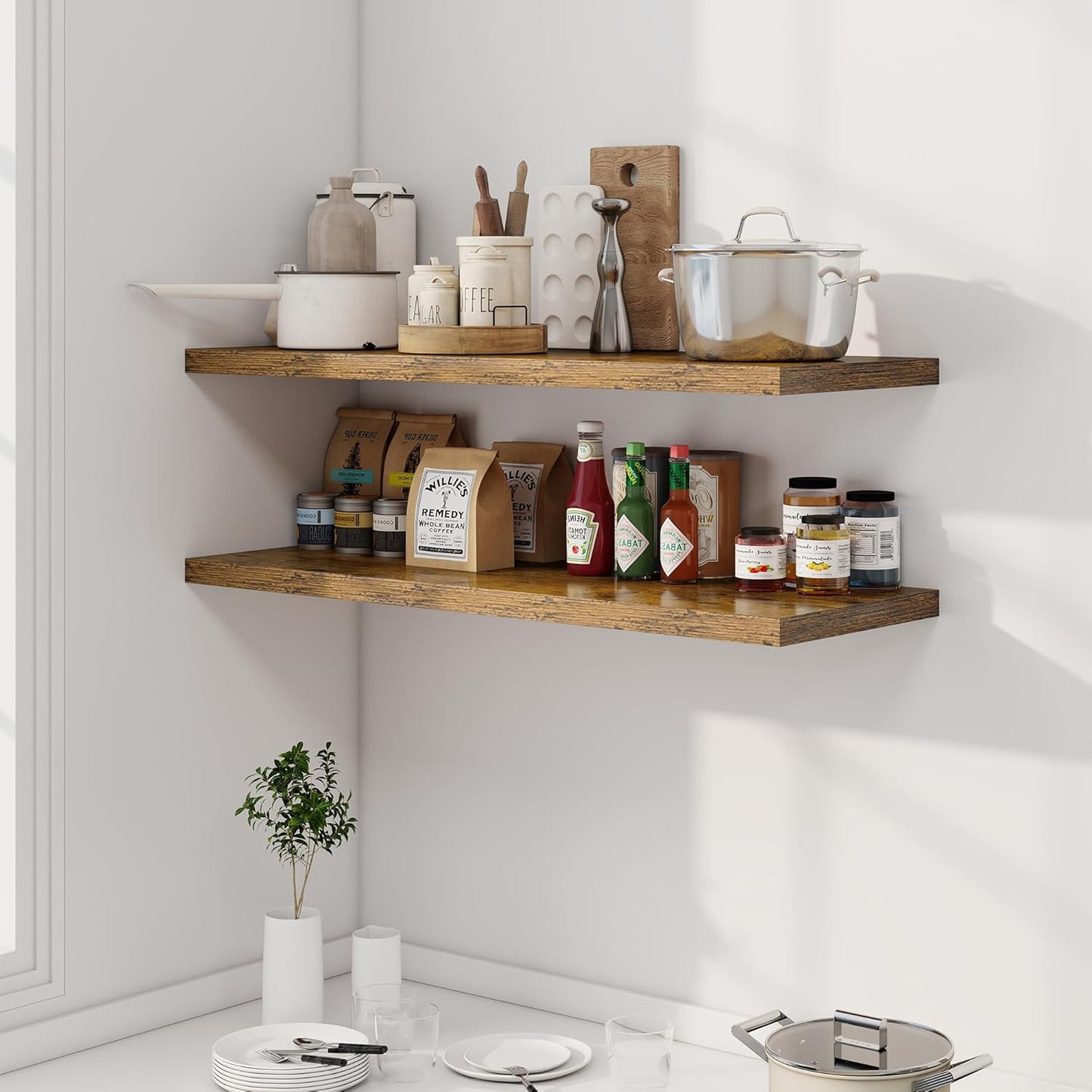 40" Floating Shelves for Wall, 12" Deep Slim Rustic Brown Floating Shelves, Wall-Mounted Shelves for Bedroom, Living Room, Kitchen, Bathroom - Set of 2