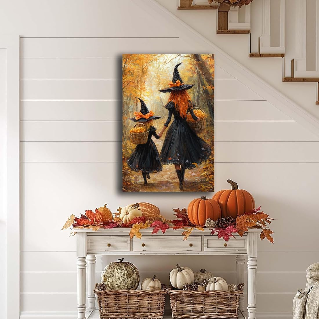 Mother Witch And Child Daughter Witch Wall Art,Halloween Autumn Woodland Forest Path Picture,Family Room Nursery Playroom Kids Room Decor,24"x36" Framed