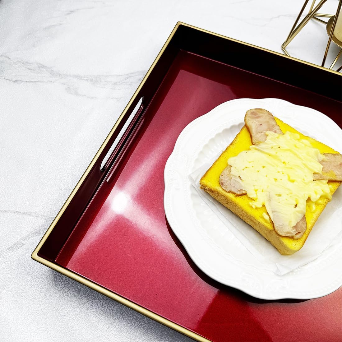 Large Red Decorative Tray, Serving Tray with Handles, Plastic Coffee Table Tray for Ottoman, Living Room, Bathroom, Decor. 15.7” x 11.8” x1.6”