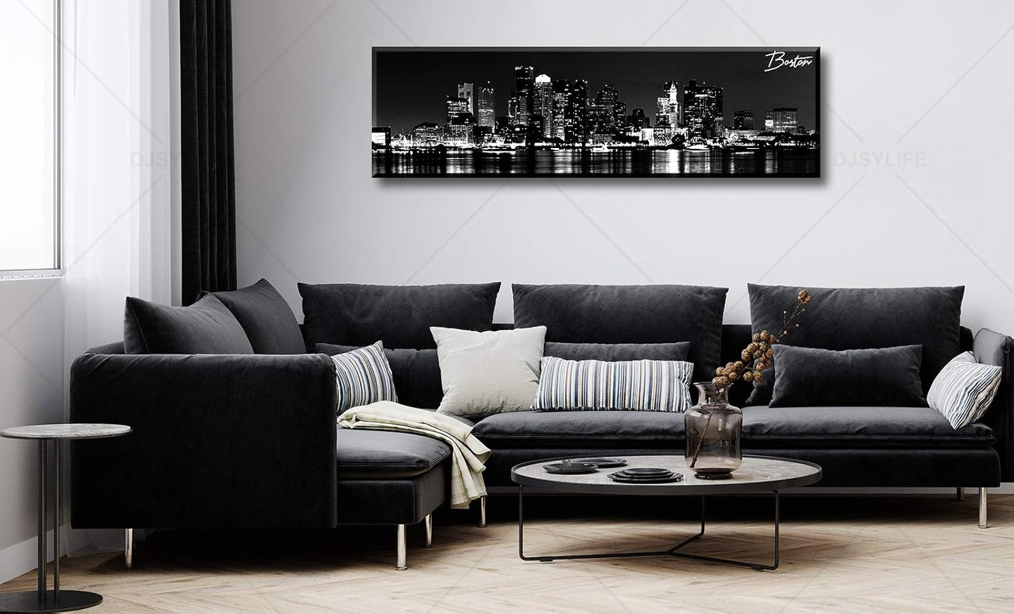 DJSYLIFE Boston Skyline Wall Art Canvas Wall Art Black and White Modern Panoramic Cityscape Pictures Paintings for Bedroom Office Decor, Ready to Hang 13.8"x47.3"