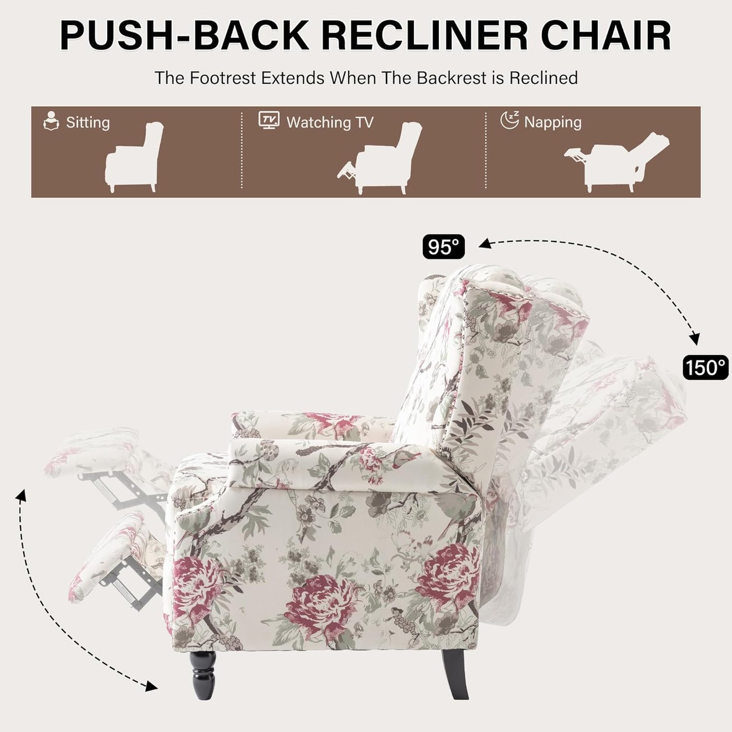UIXE Recliner Chairs Set of 2, Fabric Armchair Upholstered Pushback Accent Chair for Living Room, Rivet Trim Club Chair Home Theater Single Sofa Bedroom Side Reading Seat - Beige Floral