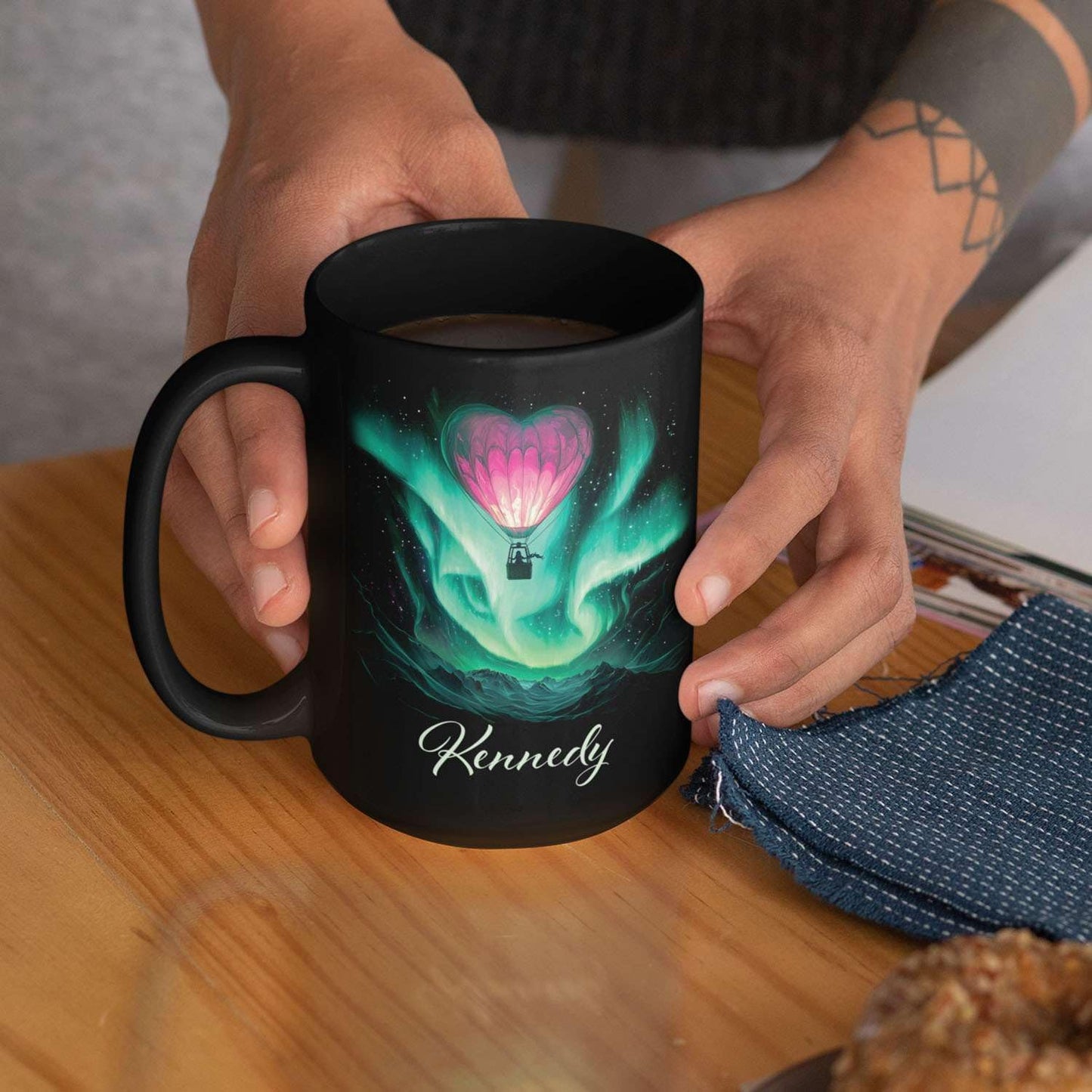 Customized Name Coffee Cup, Custom Hot Air Balloon Mug With Heart-Shaped, Personalized Northern Lights Ceramic Mug, Gift For Couples On Valentine's Day, Love Black Cup 11oz Or 15oz