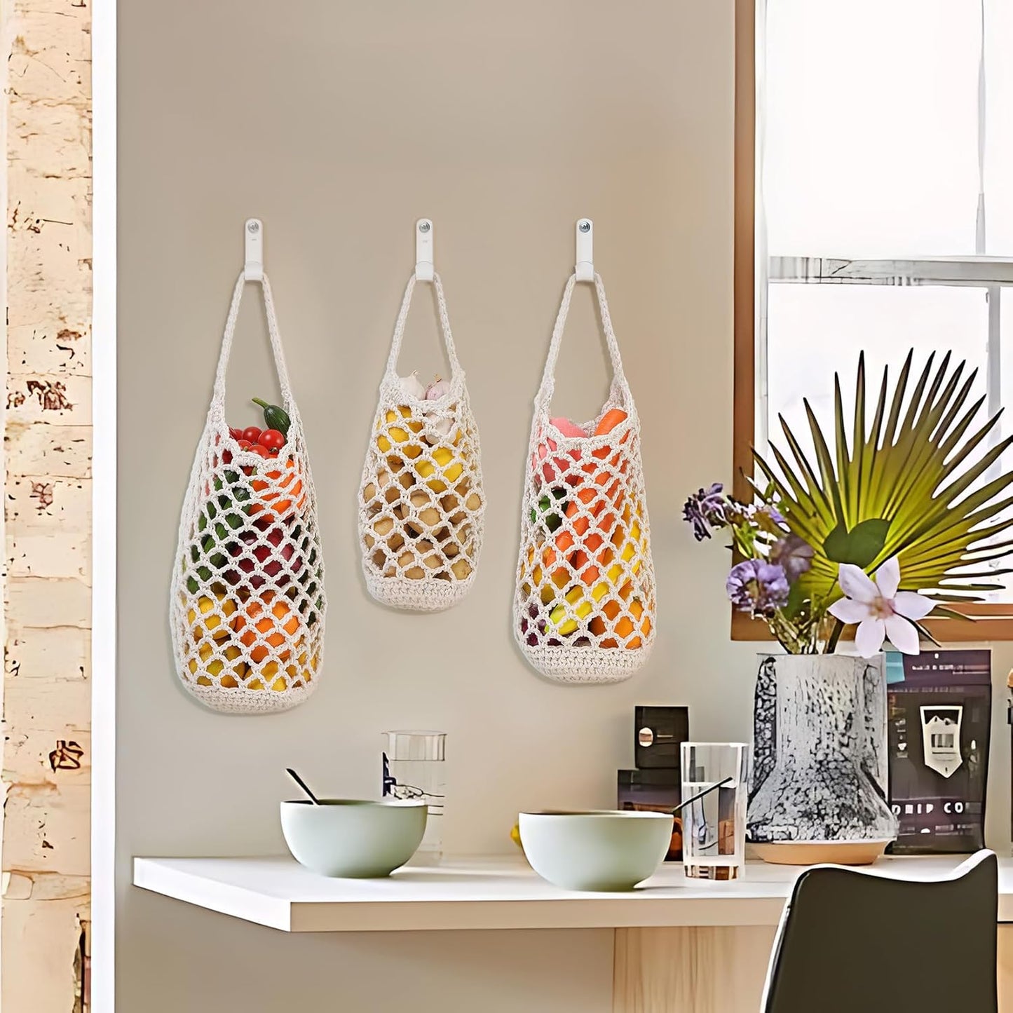 AARAINBOW Boho Wall Hanging Baskets for Kitchen Storage, Fruit Woven Wall Basket 9 Pcs, Hanging Vegetable and Onion Storage with 24 Hooks (White)