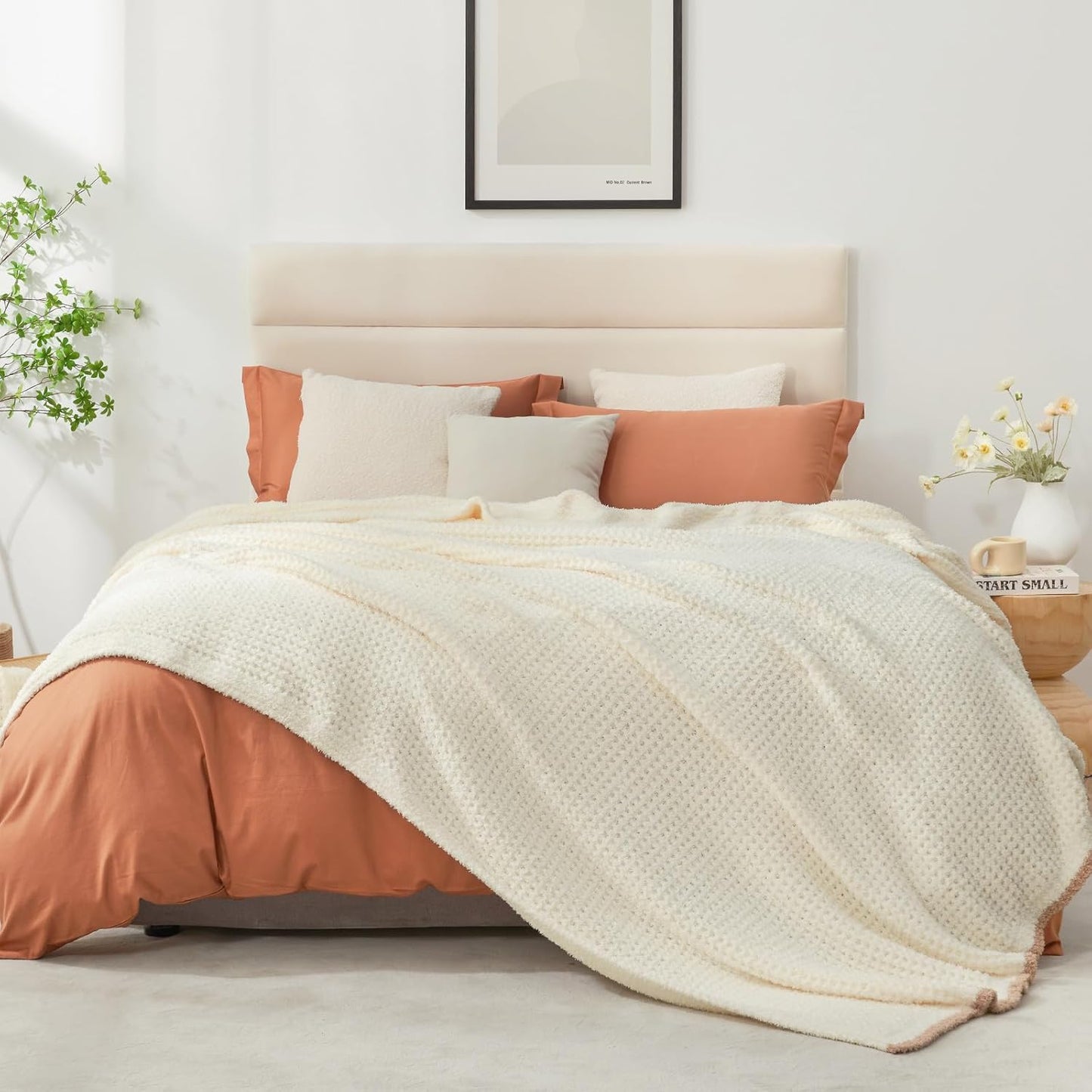 Snuggle Sac Cream Waffle Throw Blanket for Couch Bed Sofa 60x80 inches, Reversible Cream Blanket Microfiber Fluffy Fuzzy Cozy Knit Twin Blanket for Women Mothers Birthday Gifts