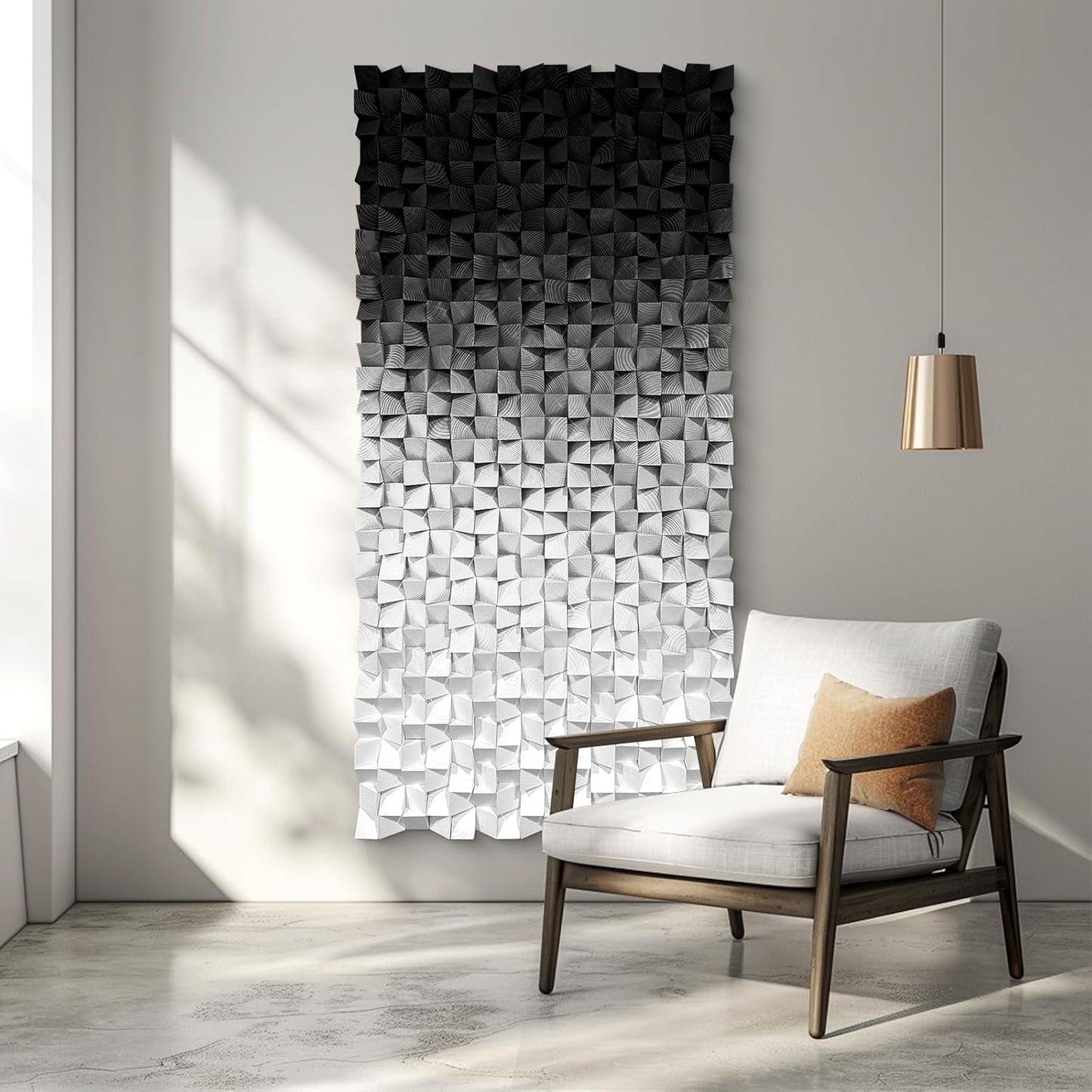LIUZEYUE - Wooden Block Stereoscopic Painting Geometric Modeling Wall Decoration 3D Wooden Artwork Living Room Bedroom Background Wall Office Decoration Black and White Gradient 39.4 x 78.7 inches