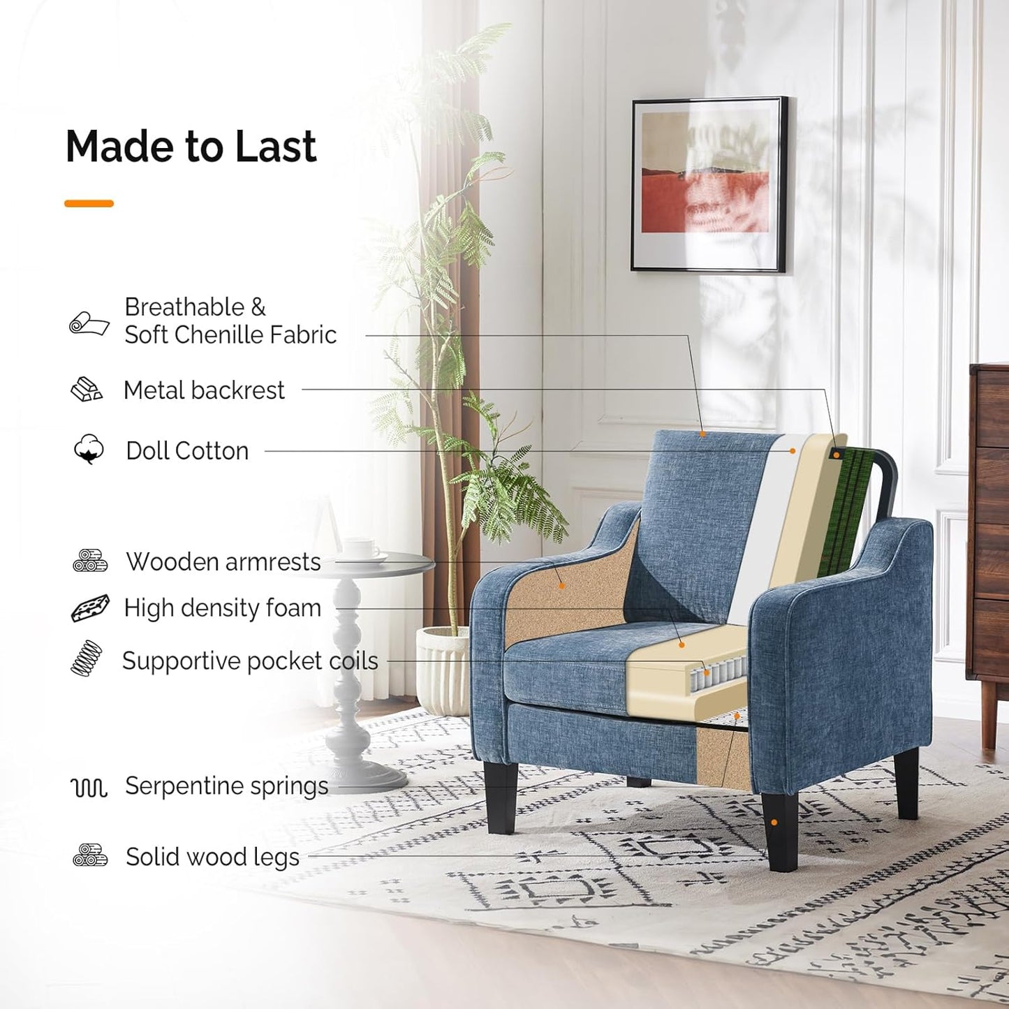 VINGLI Mid Century Modern Accent Chair,Navy Blue Chenille Chairs for Living Room Upholstered Armchair with Scooped Arms for Bedroom,Apartment,Studio,Office,Waiting Room