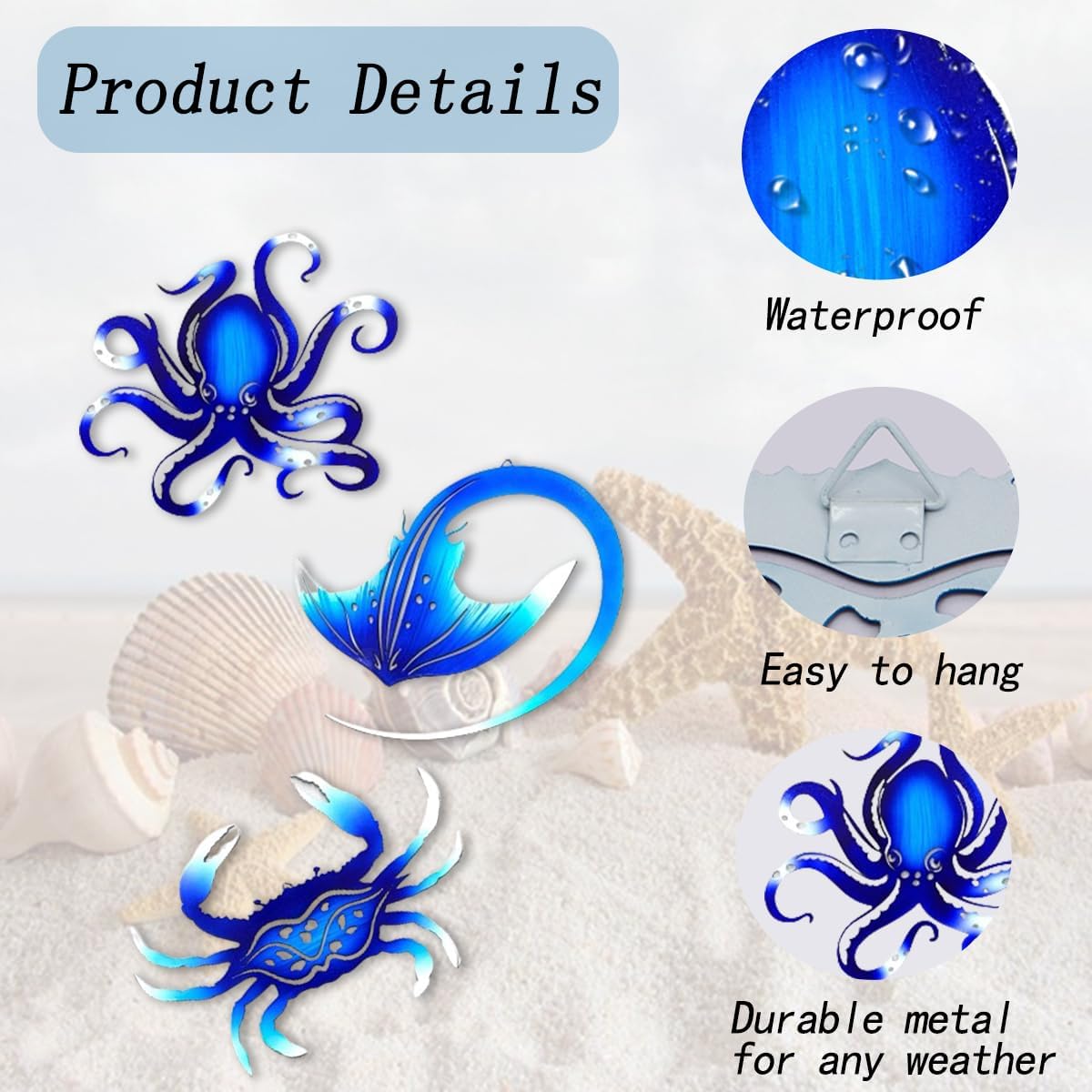 Weibefee Metal Wall Art Decor Octopus Crab Manta Ray Coastal Nautical Ocean Decor Concise 9'' Set of 3 Hanging Decorations for Bathroom Beach Indoor Outdoor Pool Home Bedroom Living Room Blue