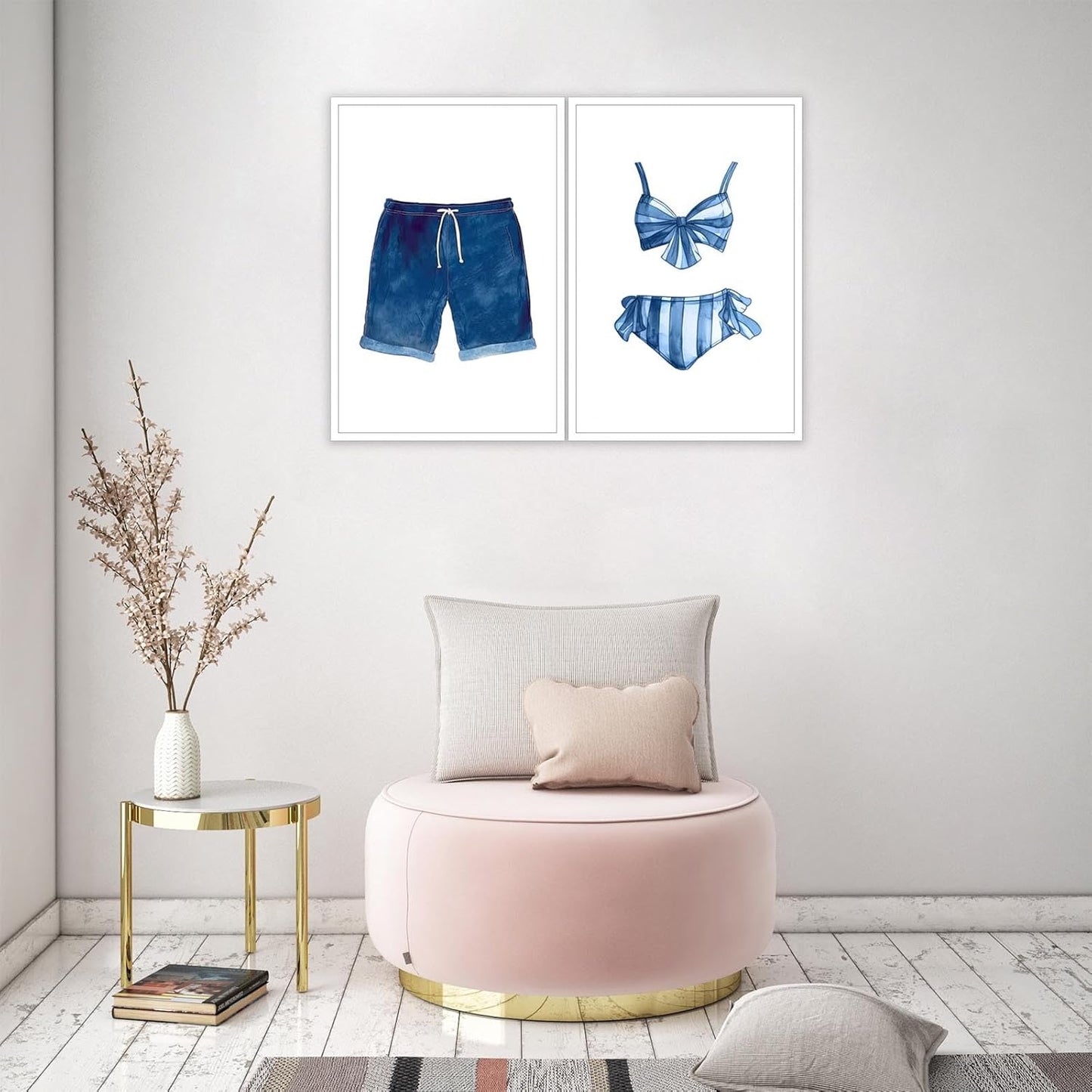 Liyark Set of 2 Retro Navy Blue And White Swimsuit Art Posters Beach Bathing Suit Prints Painting Beach House Wall Art Coastal Wall Decor Pictures For Bathroom Home Decoration 16x24in Unframed