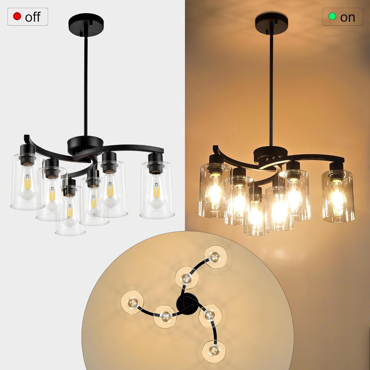6 Light Modern Farmhouse Chandelier,Black Dining Room Light Fixture,Kitchen Pendant Lights Over Island with Glass Shade