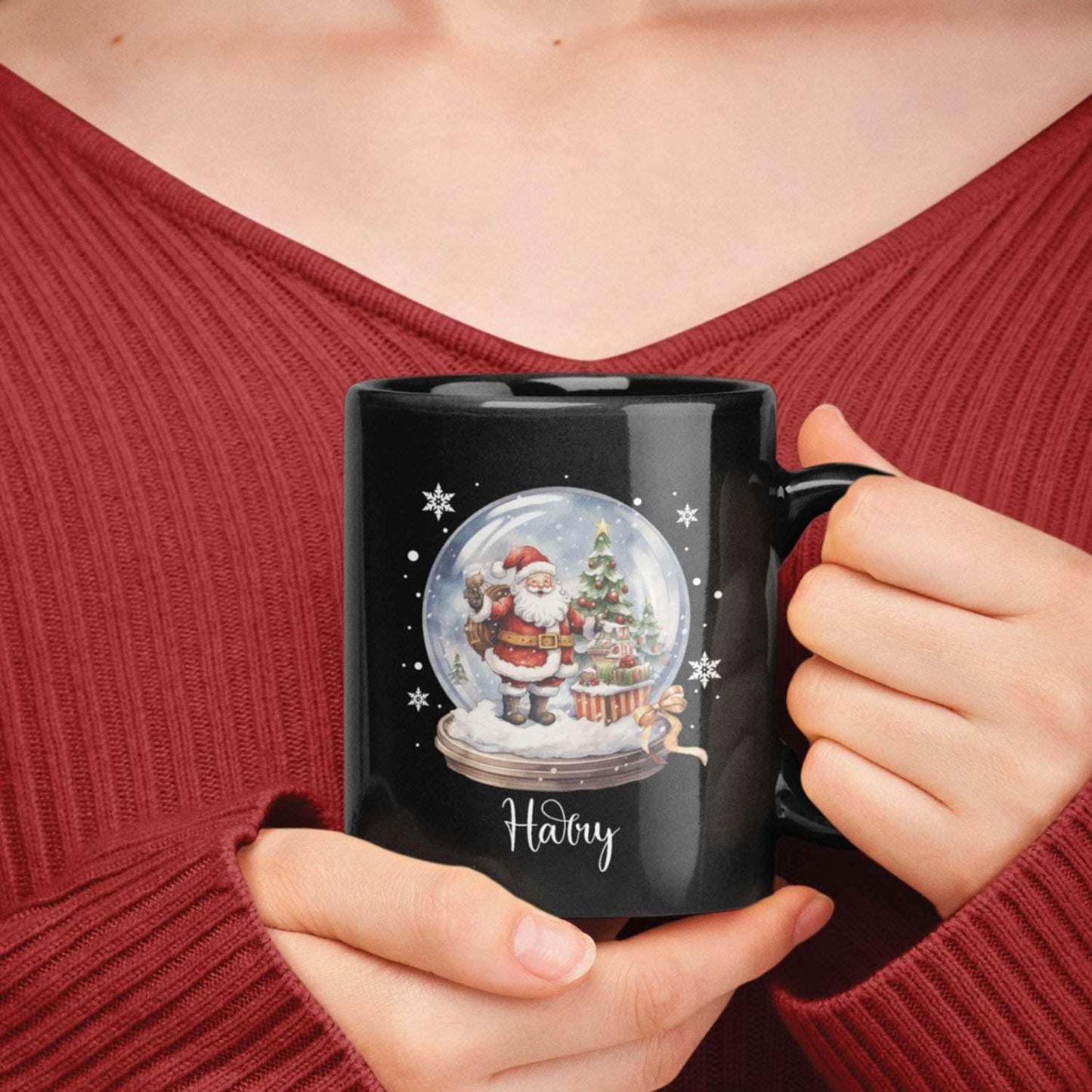 Custom Snow Ball Design Mug With Name, Personalized Black Cup 11oz 15oz, Snow Ball With Santa Claus And Christmas Tree Inside Design, Customized Christmas Themed Coffee Cup