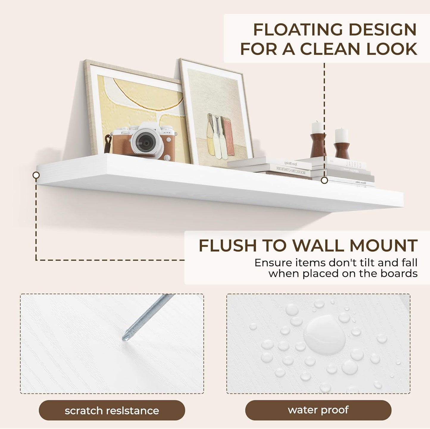 RICHFOCUS 48Inch Floating Shelves for Wall 2 Pack Shelves for Bedroom|Kitchen|Bathroom Wall Mounted Rustic Wood Floating Shelf with Invisible Brackets for Books|Storage|Decor, White