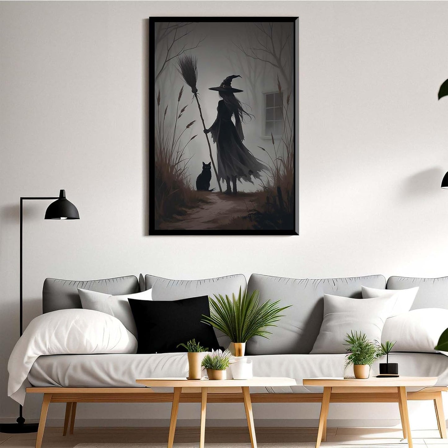 JFHCQJPK Vintage forest witch and black cat poster Halloween mural poster decoration mural art magic suitable for home living room bedroom24x36in Metal blackFramed