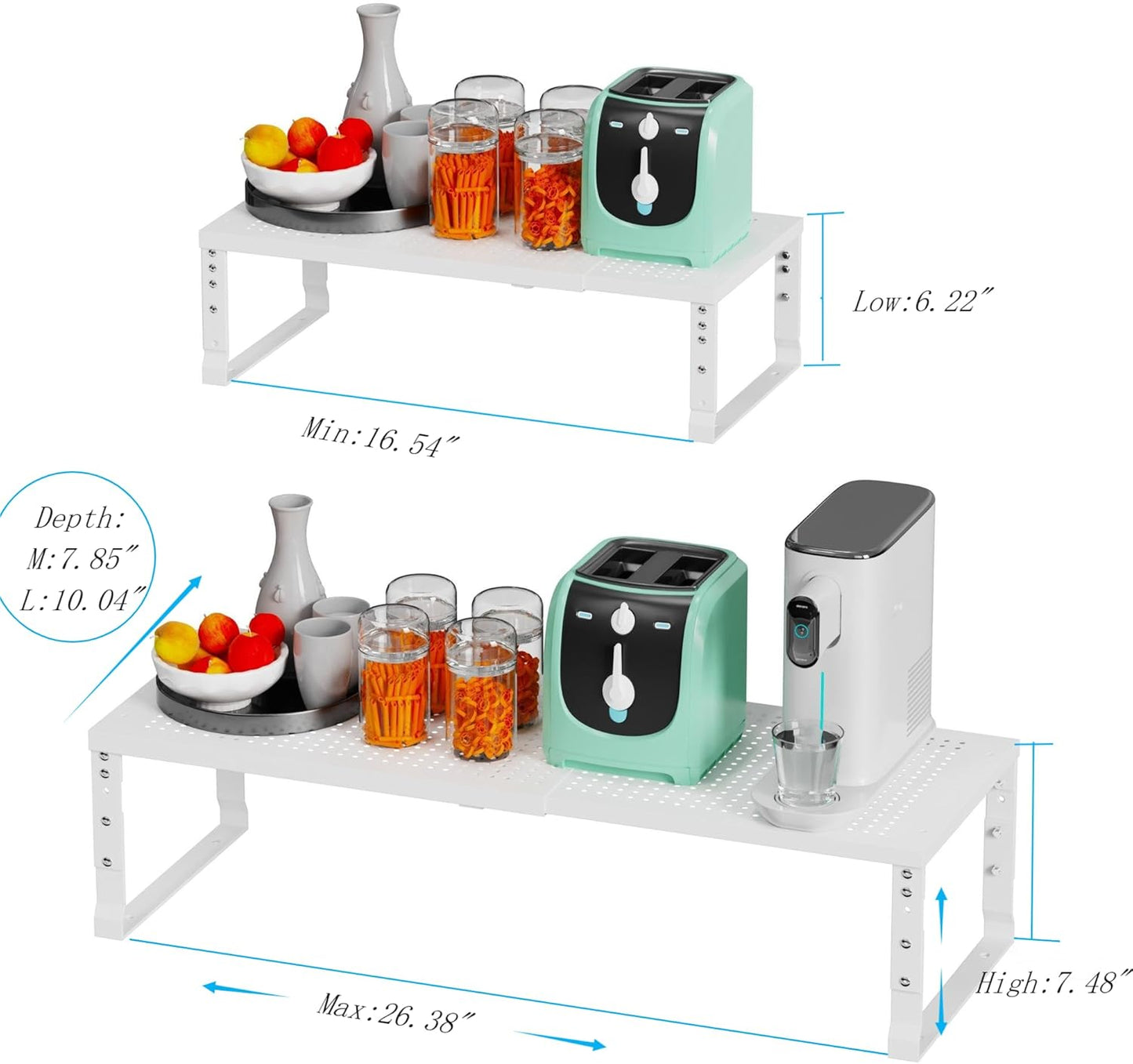 Expandable Spice Rack Kitchen Cabinet Shelf Organizer, Stackable Storage Shelves Racks, Adjustable Counter Shelving for Cabinets, Countertop, Cupboard,Pantry and More(2Packs/White/Large)
