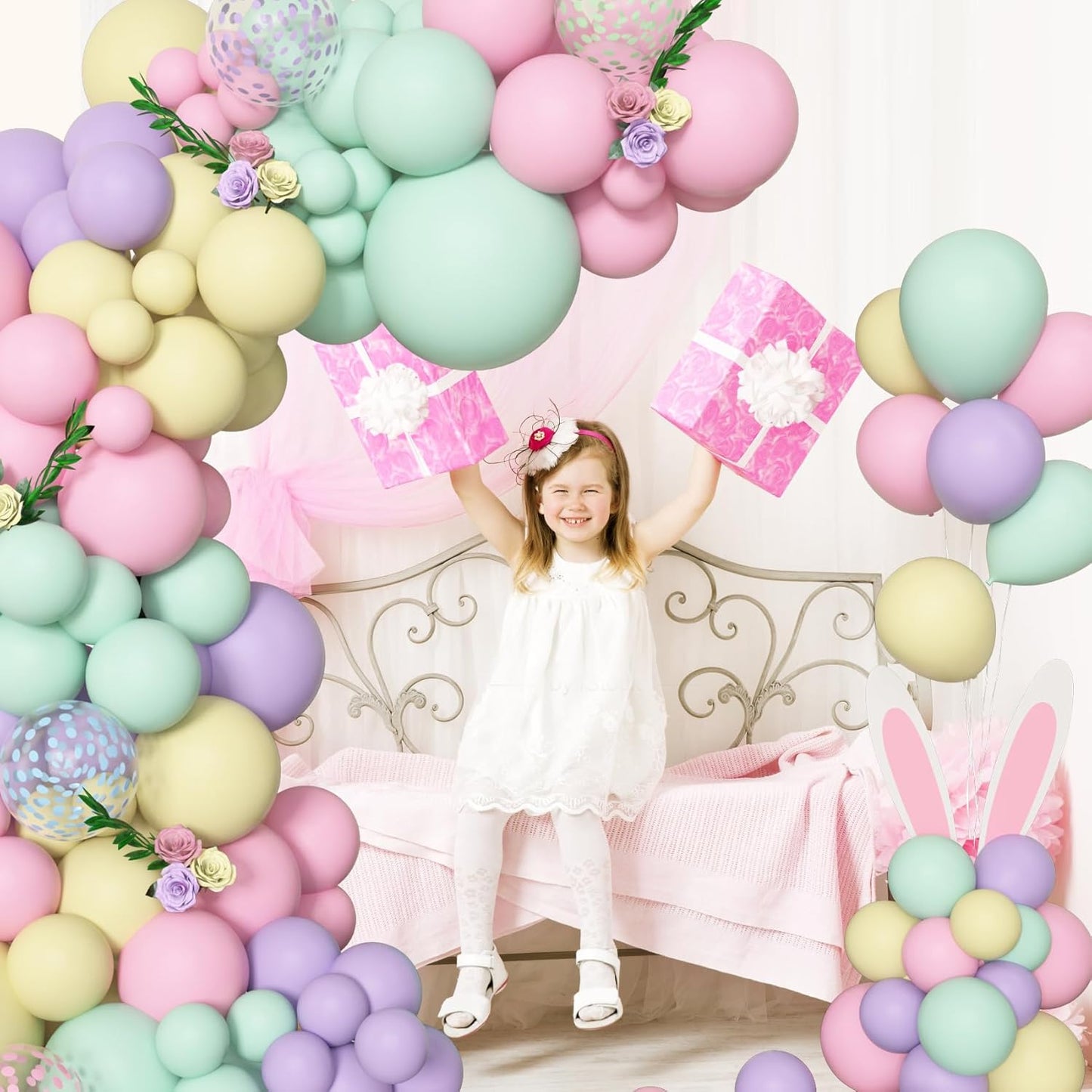 Amandir 153pcs Pastel Balloons Garland Arch Kit, Different Sizes 18 12 10 5inch Pastel Pink Yellow Green Purple Confetti Balloons for Spring Baby Shower Wedding Wildflower Birthday Party Decorations