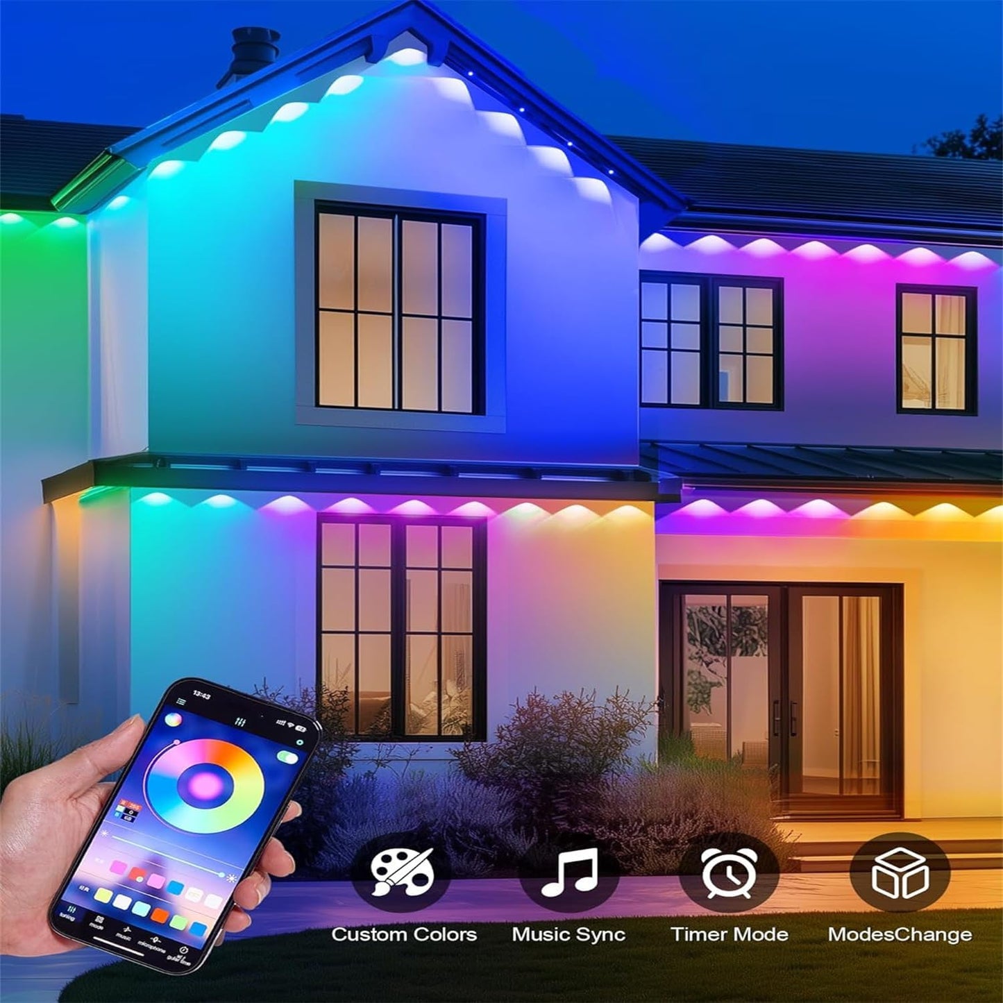Permanent Outdoor Lights,200ft RGB + IC Smart LED Eaves Lights with App & Remote Control, IP67 Waterproof,for Christmas and All Holiday Decor,Daily and Accent Lighting,House Roof and Garden Lighting