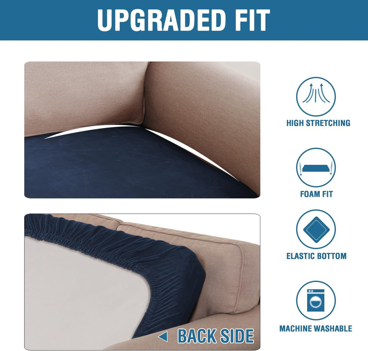 H.VERSAILTEX Velvet Stretch Individual Couch Cushion Cover Plush Cushion Slipcover for Loveseat Sofa Cushion Furniture Protector Seat Cushion Sofa Cover (1 Piece Sofa Cushion Cover, Navy)